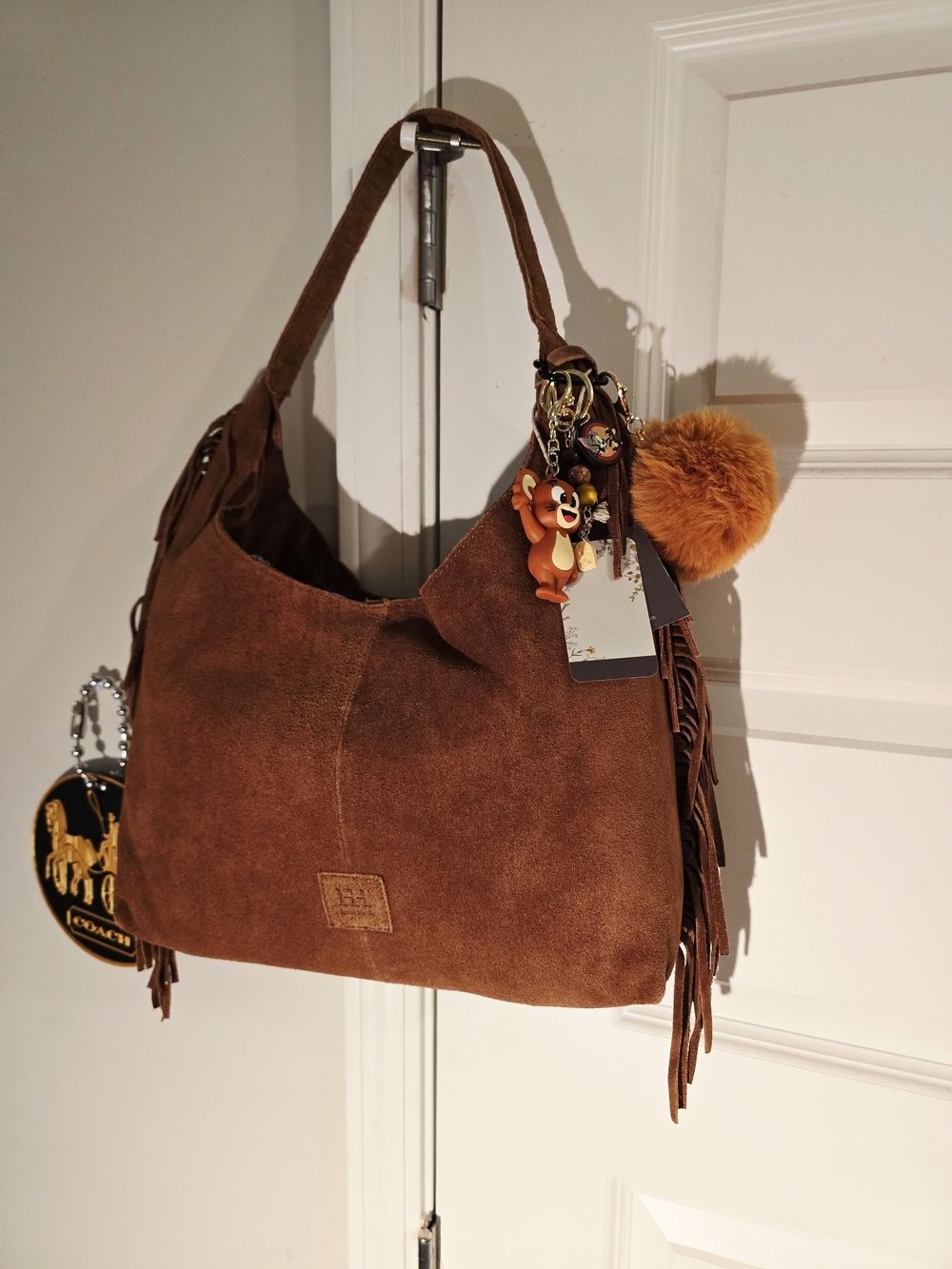Suede Brown Fringe Shoulder Bag with Pom Pom Junk Charm